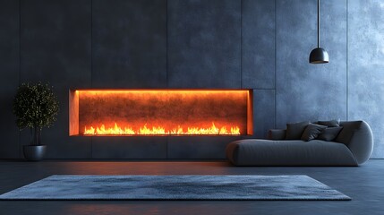 Home insulation enhances comfort in this modern living space featuring a sleek design, warm ambient lighting from the fireplace, and a cozy, inviting atmosphere.