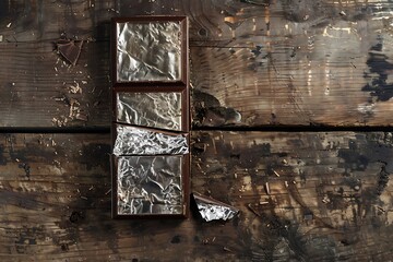 Chocolate bar in foil on a dark background. Top view.