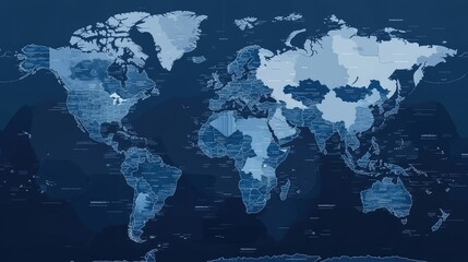 Blue-colored world map with clear country details, perfect for use in annual reports, business analytics, and global market presentations