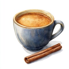 Cinnamon Coffee in Blue Mug Watercolor Illustration