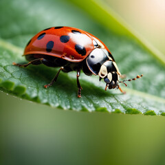 Fototapeta premium Insekten - Marienkäfer auf taufrischem Blatt