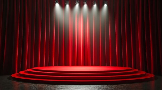 A vibrant red stage with dramatic curtains and spotlighting, ideal for showcasing performances, speeches, or events, Perfect for theater promotions, announcements, or event planning materials,