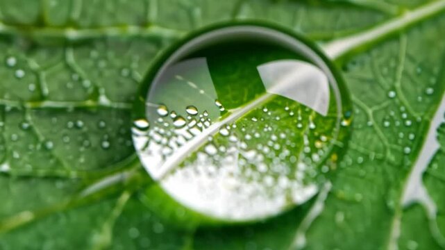 Nature's Reflection: A large waterdrop on a vibrant green leaf, reflecting the surrounding dew and leaf texture. Close-up macro photography showcasing the beauty of nature's details. 