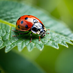 Naklejka premium Insekten - Marienkäfer auf grünem Blatt