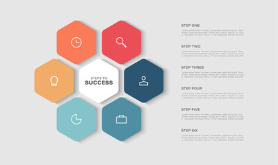 Modern minimalist circular polygon 6 steps editable infographic design template