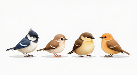Naklejka premium Illustration of Cute Birds in a Row with Distinctive Plumage for Nature Enthusiasts and Educational Use