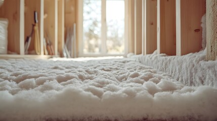 Home insulation is crucial for energy efficiency. This airy scene showcases soft, white insulation material, hinting at warmth and comfort in a newly built space.
