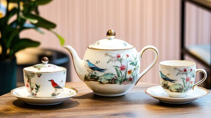 Fototapeta premium Porcelain tea set with hand-painted birds and flowers on a wooden table.