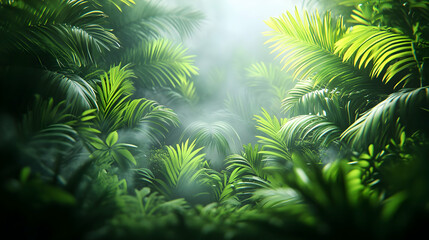 Tropical Rainforest Illustration with Lush Green Foliage and Fog