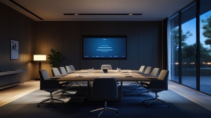 Modern conference room at night with large screen, meeting table, and comfortable seating.
