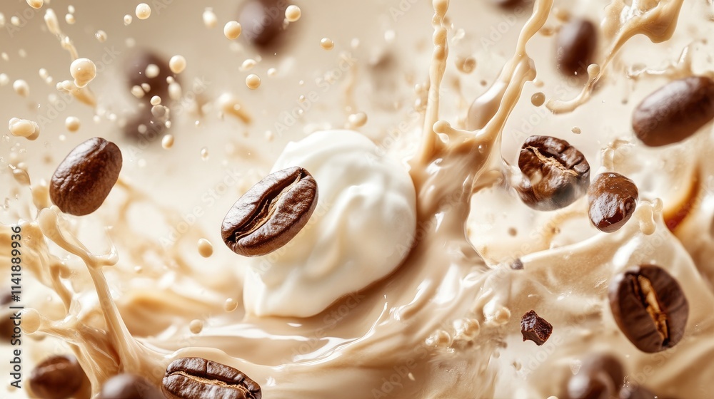 Poster Coffee beans and cream splashing together in motion, creating a dynamic and flavorful visual of the perfect coffee mix