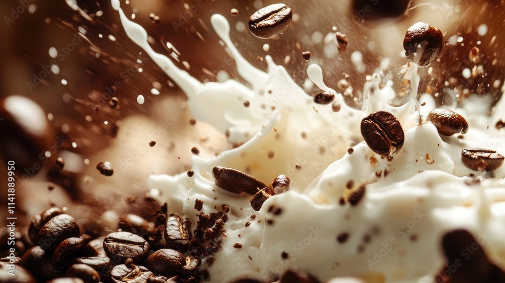 Poster Coffee beans and cream splashing together in motion, creating a dynamic and flavorful visual of the perfect coffee mix
