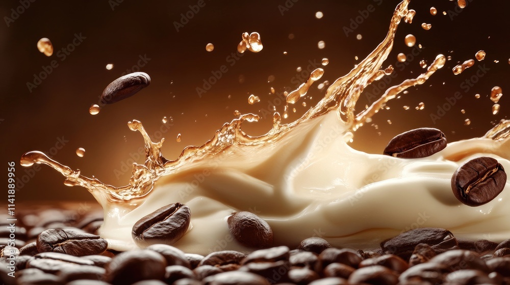 Poster Coffee beans and cream splashing together in motion, creating a dynamic and flavorful visual of the perfect coffee mix
