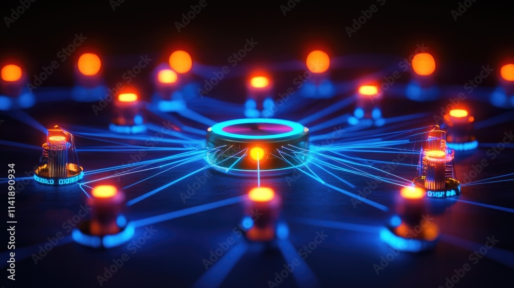 Poster Data processing concept with digital scopes and glowing binary code, representing technology and networks against a dark backdrop