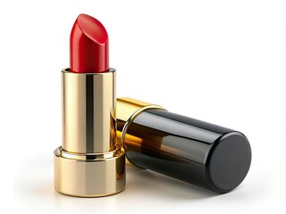 Luxury red lipstick, black gold packaging, isolated on white. High-resolution beauty product image, sharp focus.