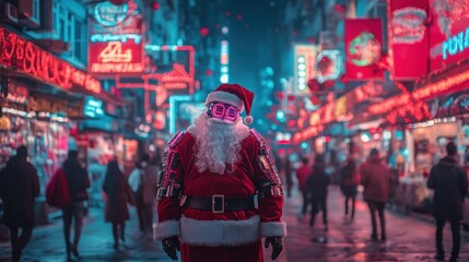 Futuristic Santa Claus in a vibrant city at night.