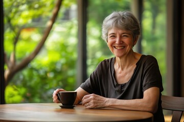Smiling elderly woman sitting with cup of coffee