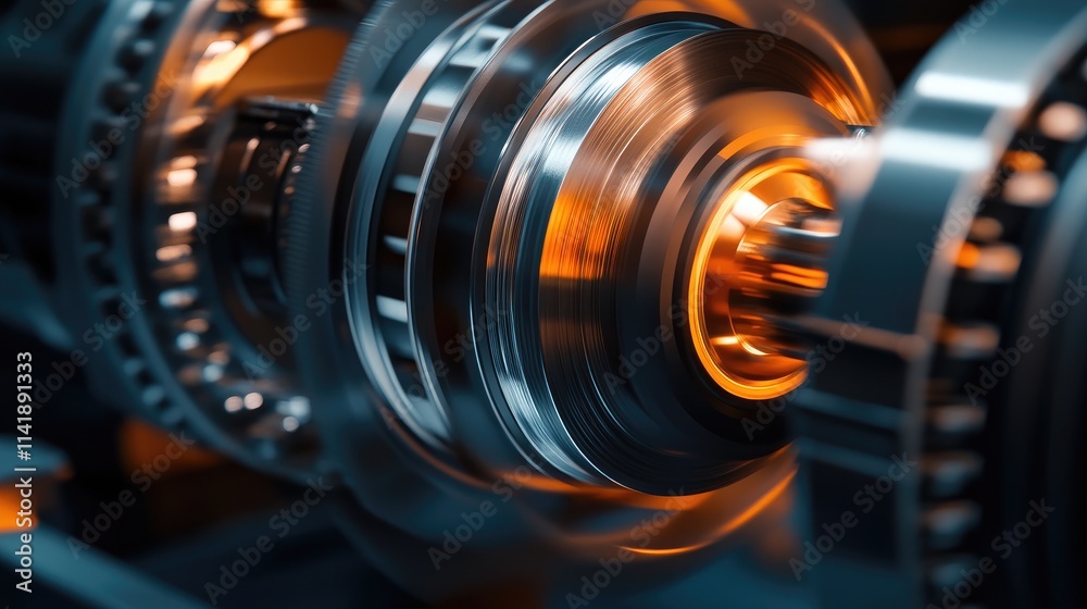Poster detailed close-up of a flywheel in motion, illustrating rotational dynamics and energy transfer in m