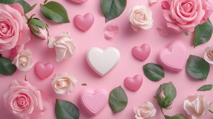 a pink background with roses and hearts
