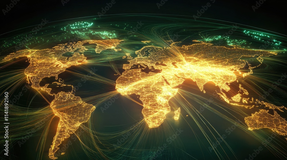 Aufkleber Digital data flow and processing lines overlaid on a glowing world map, creating a futuristic concept of global information exchange