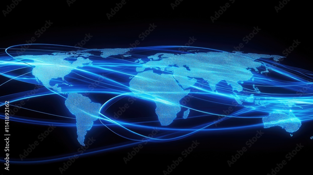 Aufkleber Digital data flow and processing lines overlaid on a glowing world map, creating a futuristic concept of global information exchange