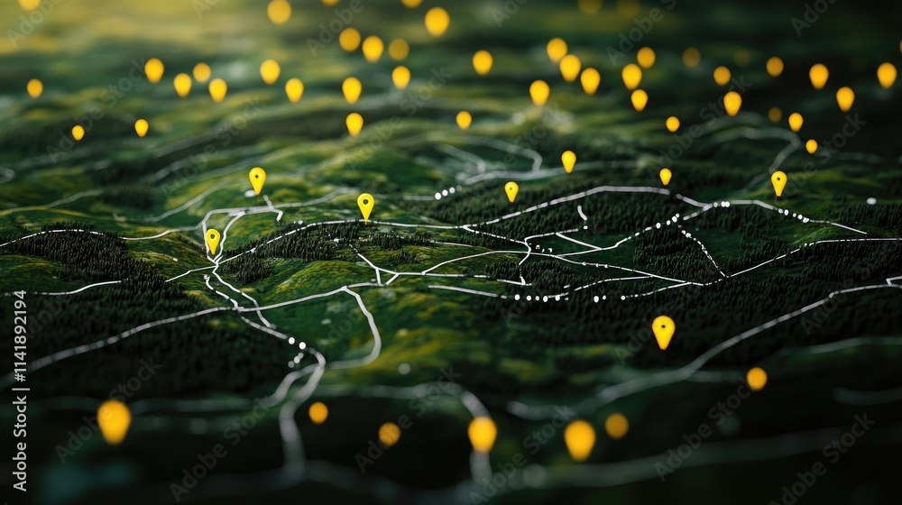 Poster digital map of rural areas with yellow location pins and white lines, providing an overview of signi