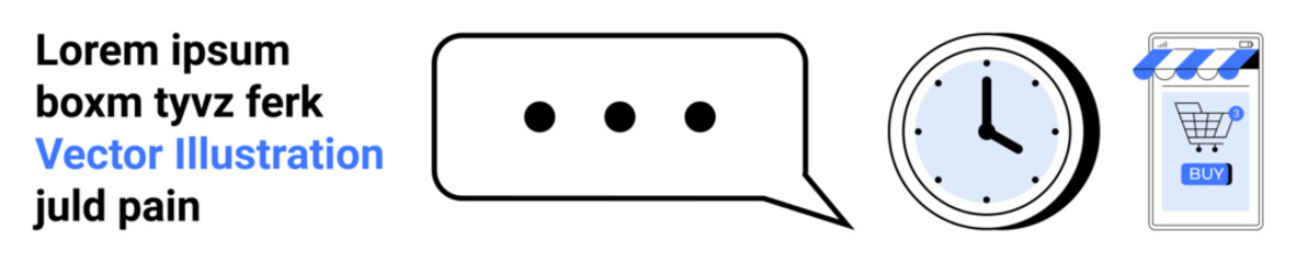 Speech bubble with three dots, analog clock, and online store icon. Ideal for digital marketing, communication, e-commerce, time management, online shopping, customer support, and web design. Landing