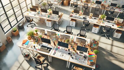 A bird's-eye view of a modern office with multiple workstations, each desk featuring creative materials, organized in a spacious and dynamic business environmen