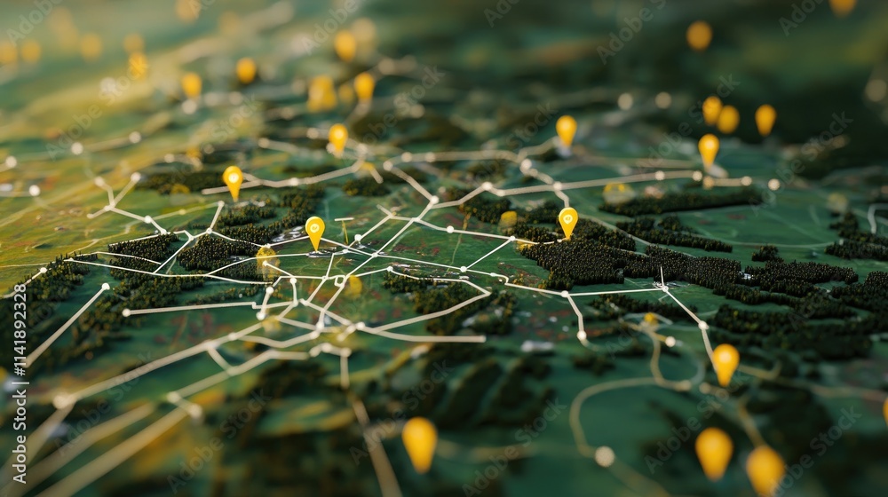Poster Digital map of the countryside with yellow pins and white connecting lines, showing key locations and pathways in an easy-to-read style