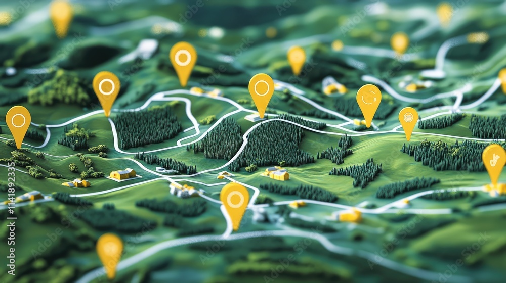 Aufkleber digital map of the countryside with yellow pins and white connecting lines, showing key locations an
