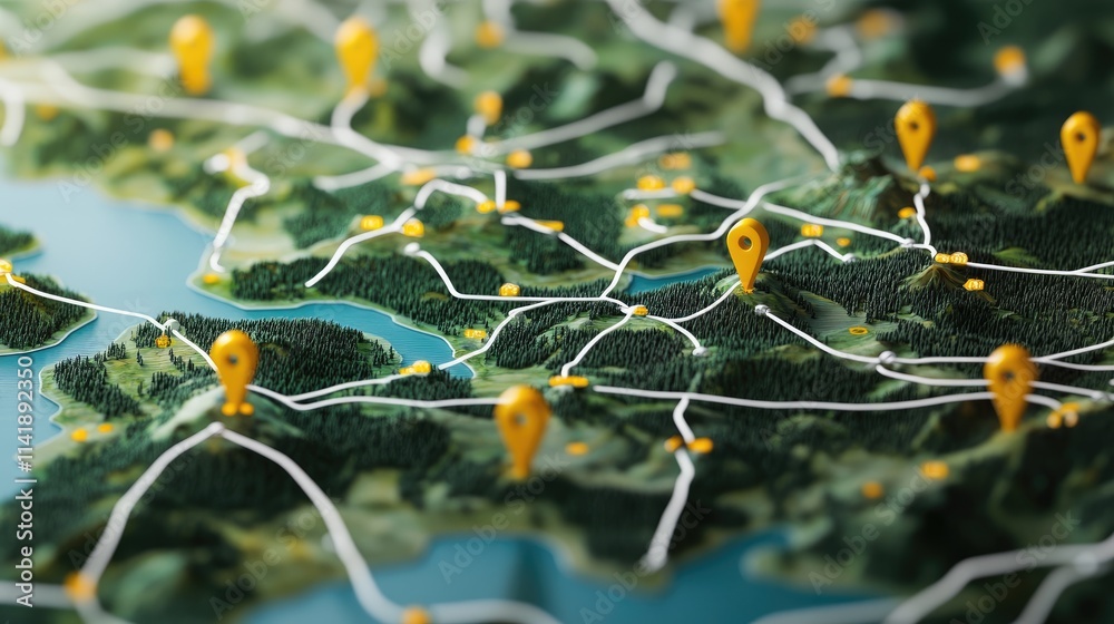 Poster Digital map of the countryside with yellow pins and white connecting lines, showing key locations and pathways in an easy-to-read style