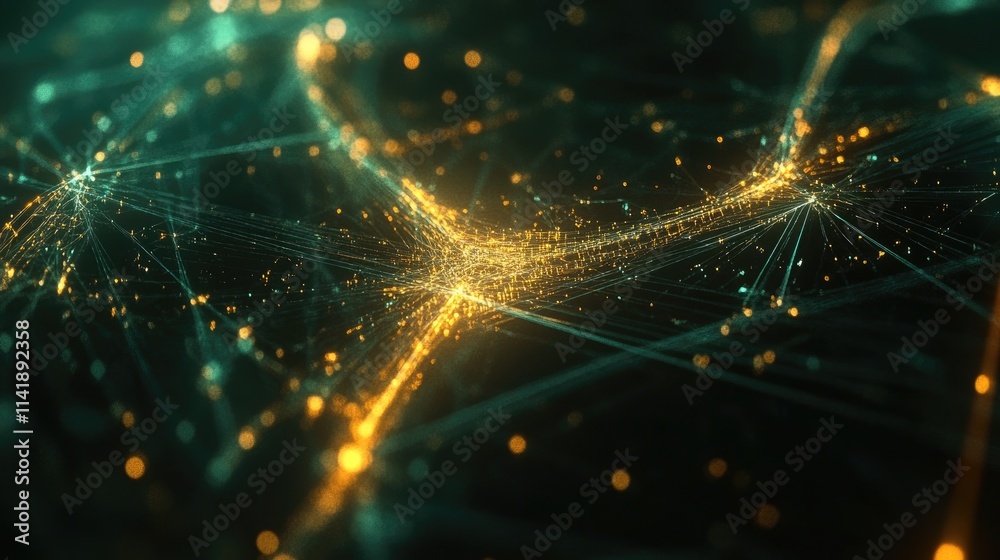 Poster Digital processing data flowing in a network, highlighted by glowing lines and scope, on a dark abstract background