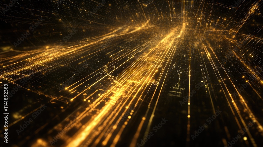 Poster Digital processing data flowing in a network, highlighted by glowing lines and scope, on a dark abstract background