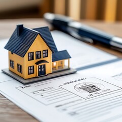 Loan application papers with miniature house next to a stamp of approval 