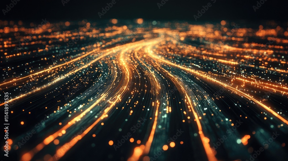Poster Digital world map with light data processing lines flowing across it, representing the seamless transfer of information in a connected world