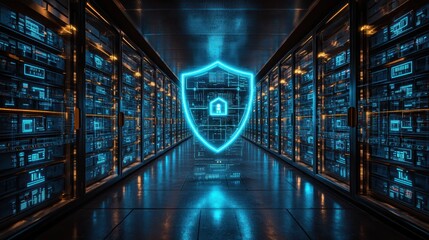 A high-tech warehouse filled with automated storage systems, with a glowing digital security shield overlaying the scene, representing advanced protection technology