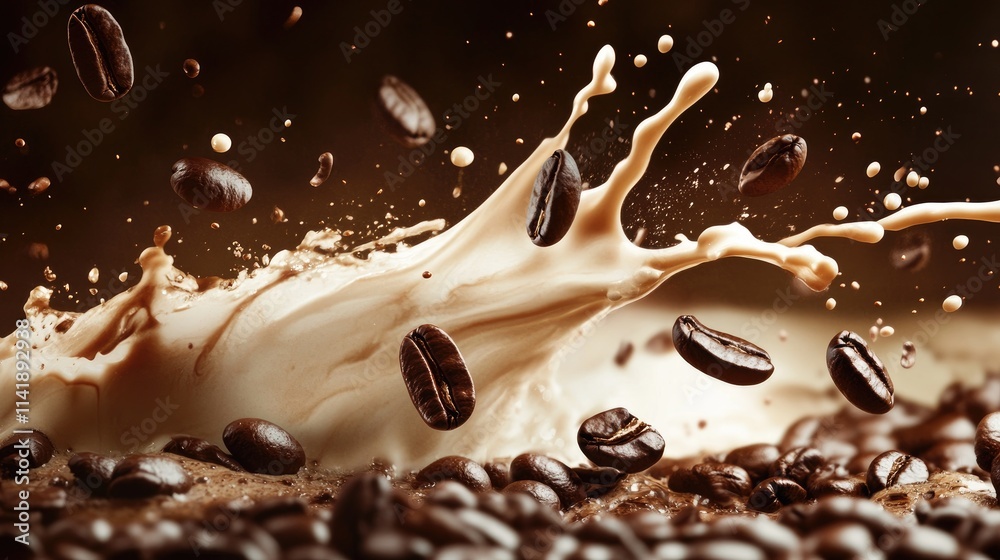 Poster Energetic motion of coffee beans and cream splashing together, capturing the dynamic movement in a high-quality coffee scene