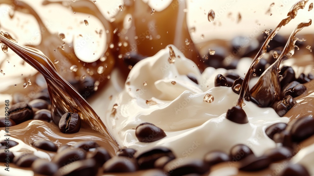 Poster energetic motion of coffee beans and cream splashing together, capturing the dynamic movement in a h