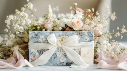 Floral Gift Box with Delicate Ribbon and Flowers