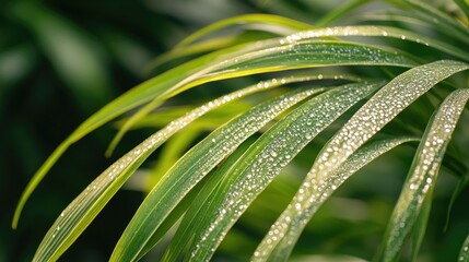 Fototapeta premium Fresh, green grass leaves with dew drops sparkling in the sunlight, set against a natural green background, ideal for eco-conscious themes