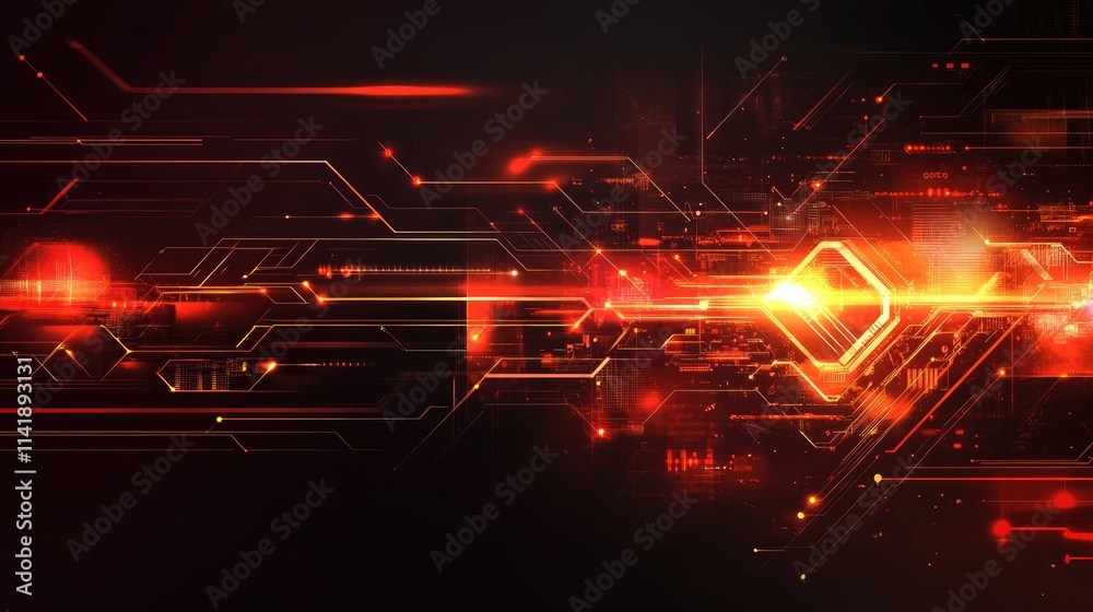 Poster Futuristic global tech banner with abstract digital circuits and glowing connections across a dark background, representing technology and innovation