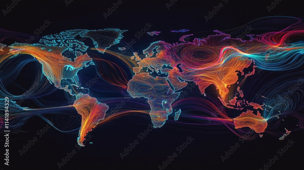 Poster High-tech image of digital data processing lines over a world map in neon hues on a black background, symbolizing global connectivity