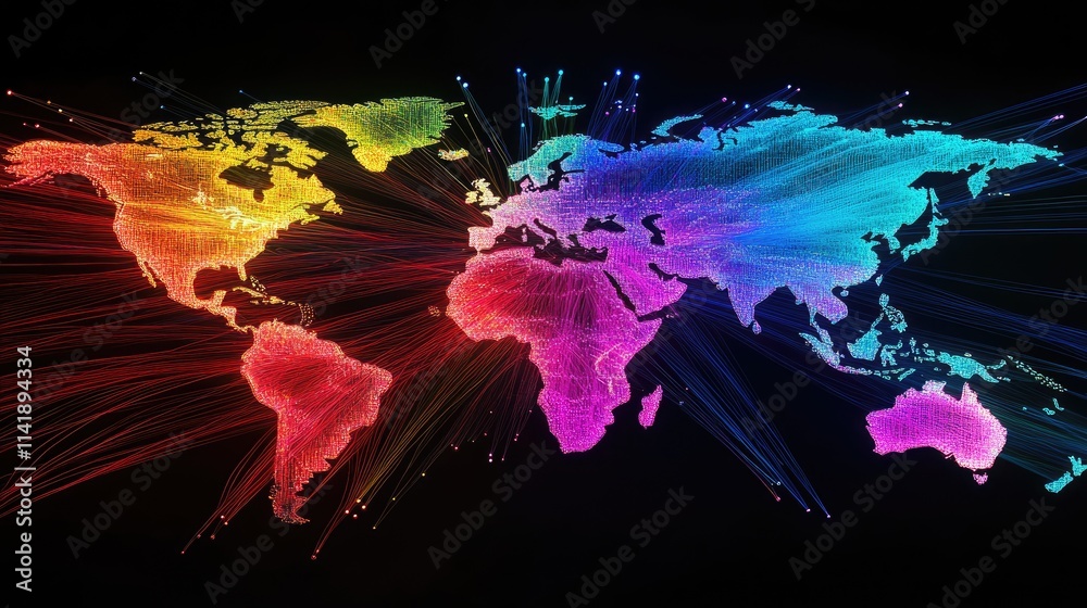 Poster High-tech image of digital data processing lines over a world map in neon hues on a black background, symbolizing global connectivity