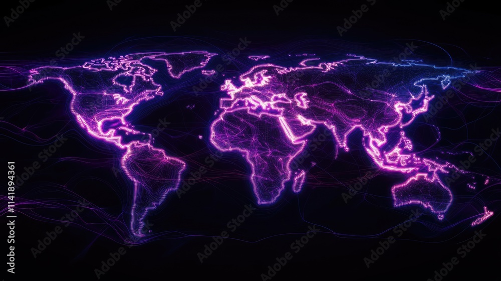 Poster High-tech world map with digital data processing and neon lines, symbolizing global data exchange and modern technology