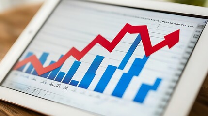 Stock market predictions with rising arrows and financial data on tablet 