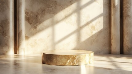 Golden marble pedestal with sunlight effects for premium showcases. 