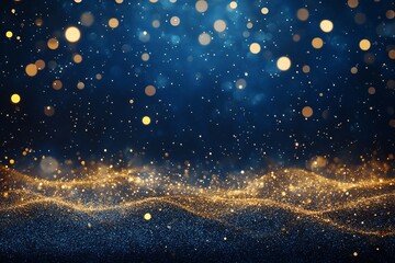 Golden abstract bokeh, waves and particles on blue background. Celebrating Christmas, New Year or other holidays.  Sparkling abstract background with blue and gold lights creating a magical atmosphere