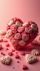 Valentine, big pink heart with flowers on blurry background. Valentine's Day concept