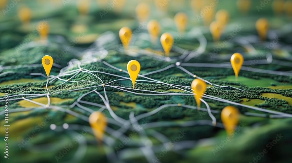 Poster map of the countryside with yellow pins marking key locations, enhanced with white connecting lines 