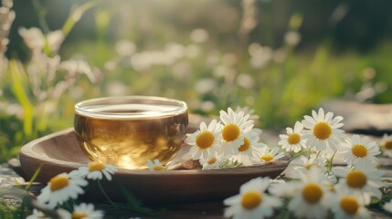 Medicinal chamomile flowers on a lush natural background, showcasing their role in herbal remedies and health benefits in a tranquil environment